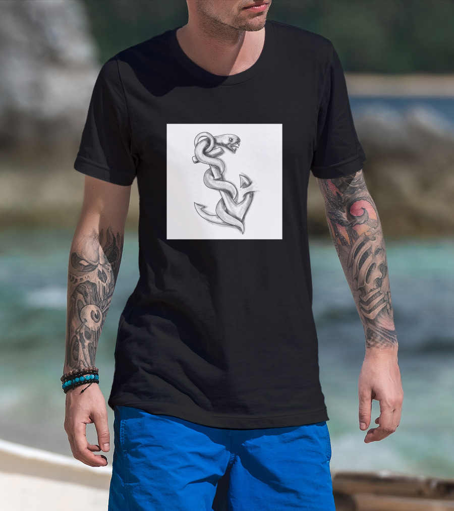 Asclepius Snake Wrapped Around Nautical Anchor T-Shirt