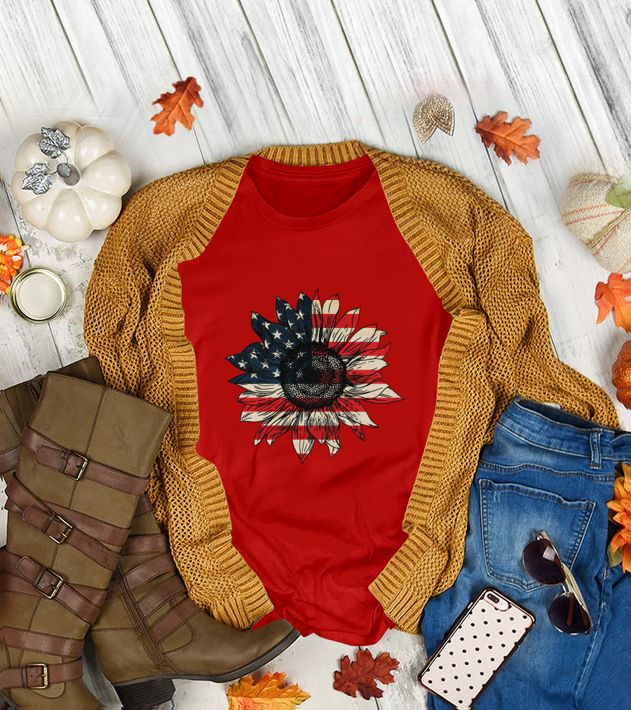 Sunflower American Flag USA Independence Day Flower T-Shirt