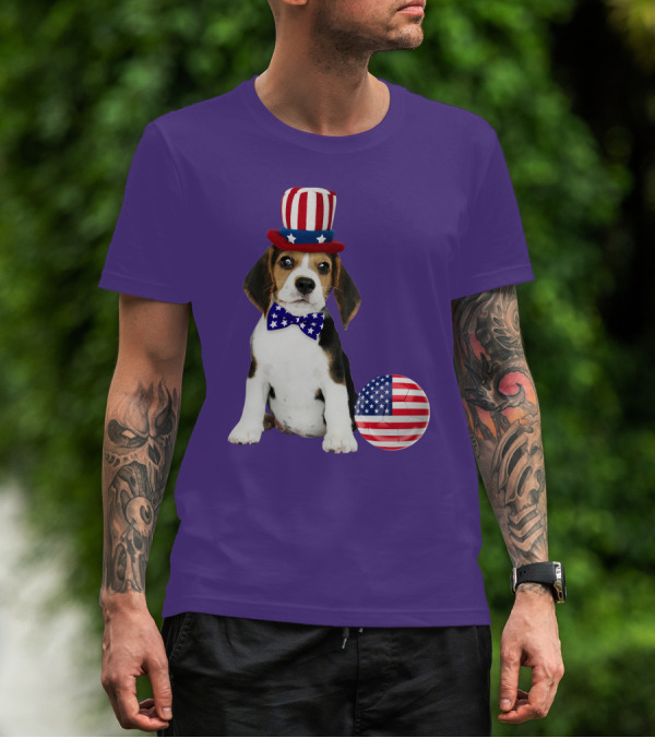 Patriotic Beagle With American Flag Hat And Bow Tie T-Shirt