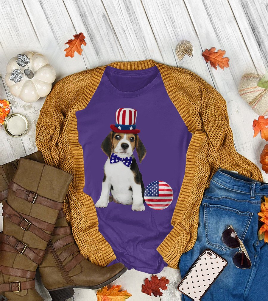 Patriotic Beagle with American Flag Hat and Bow Tie T-Shirt