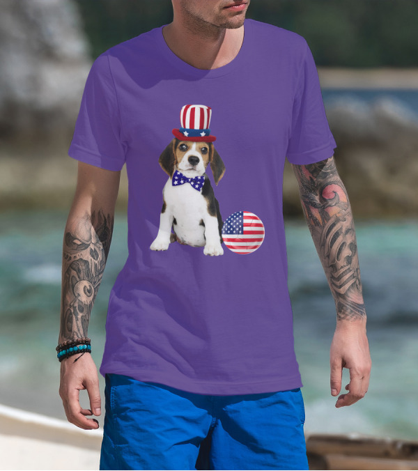 Patriotic Beagle With American Flag Hat And Bow Tie T-Shirt