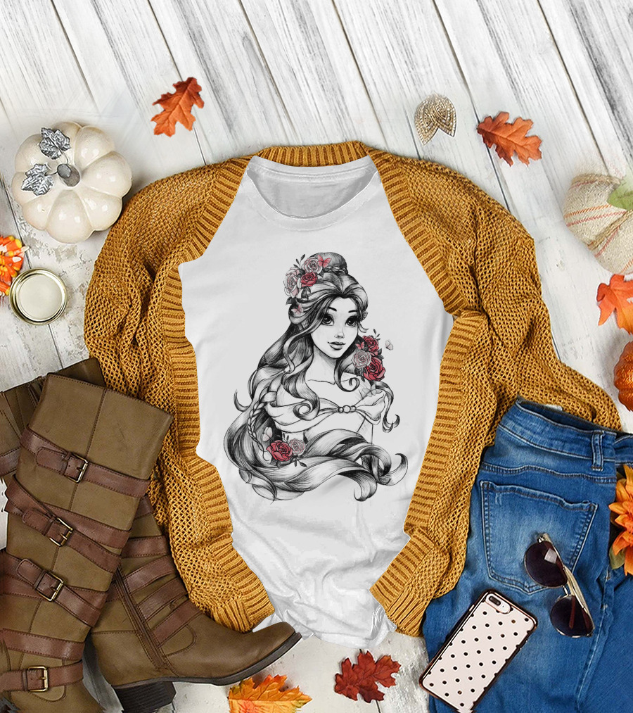 Beast Belle Rose Sketch Floral Hair T-Shirt