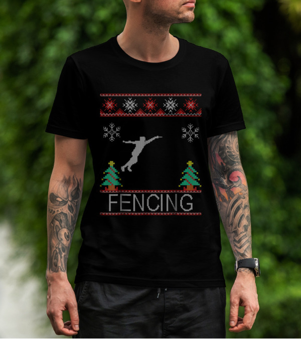 Fencing Ugly Christmas Sweater Style With Snowflakes And Trees T-Shirt