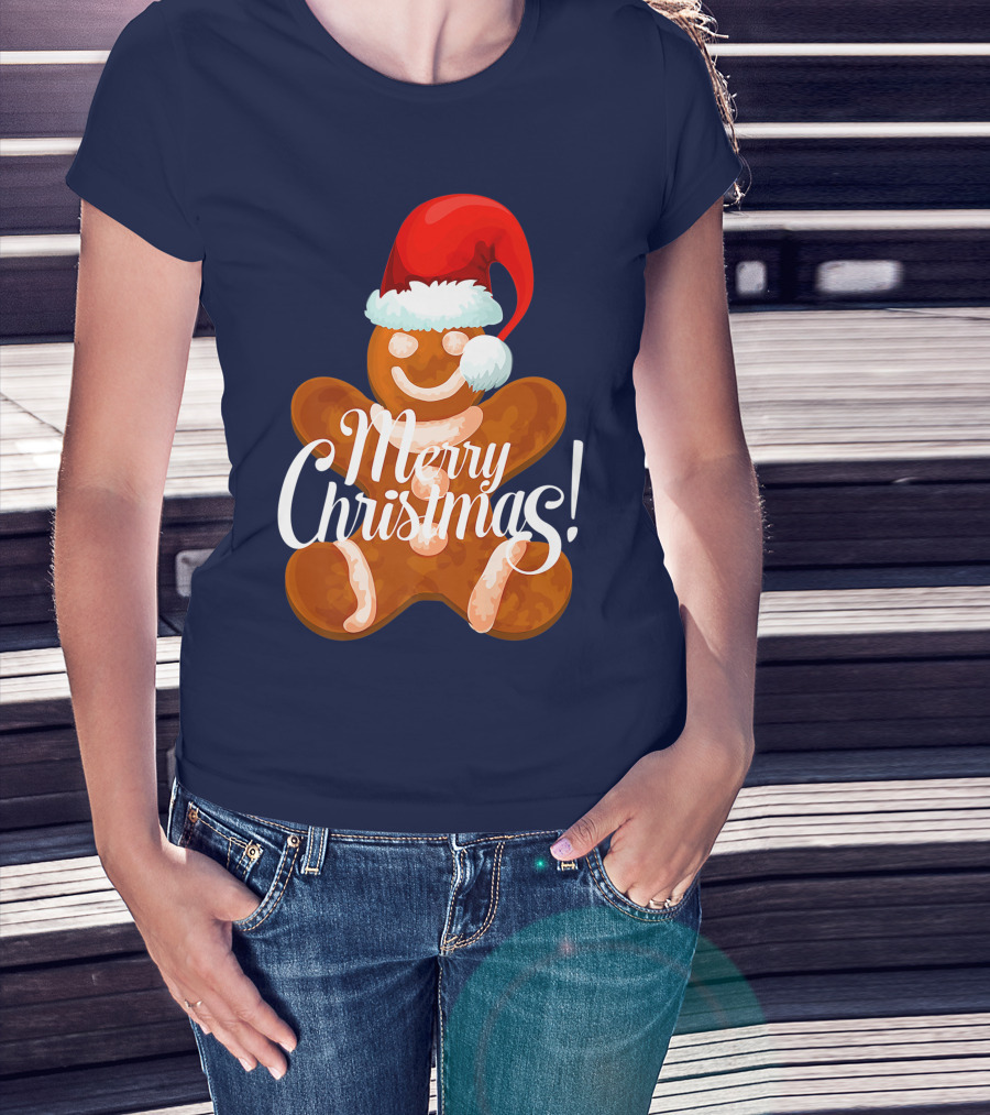 Merry Christmas Gingerbread With Santa Hat T-Shirt