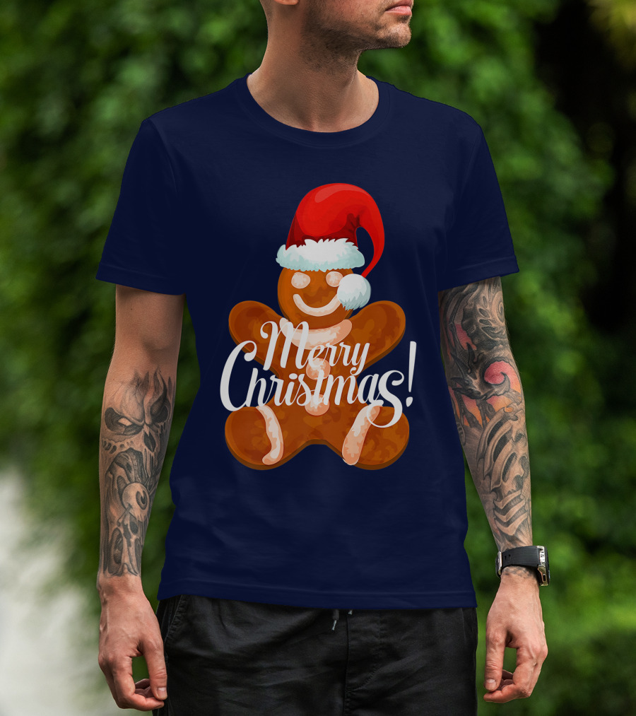 Merry Christmas Gingerbread With Santa Hat T-Shirt