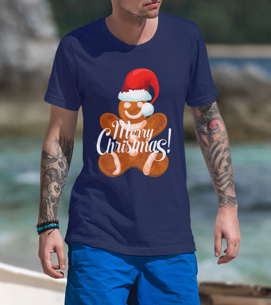 Merry Christmas Gingerbread With Santa Hat T-Shirt