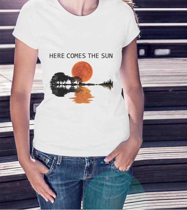 Here Comes The Sun Guitar Shadow Sunset Tree Reflection T-Shirt