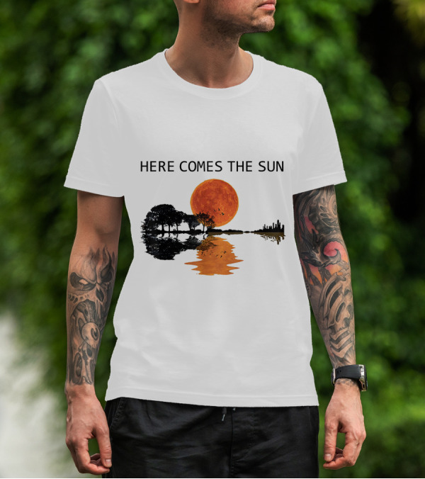 Here Comes The Sun Guitar Shadow Sunset Tree Reflection T-Shirt