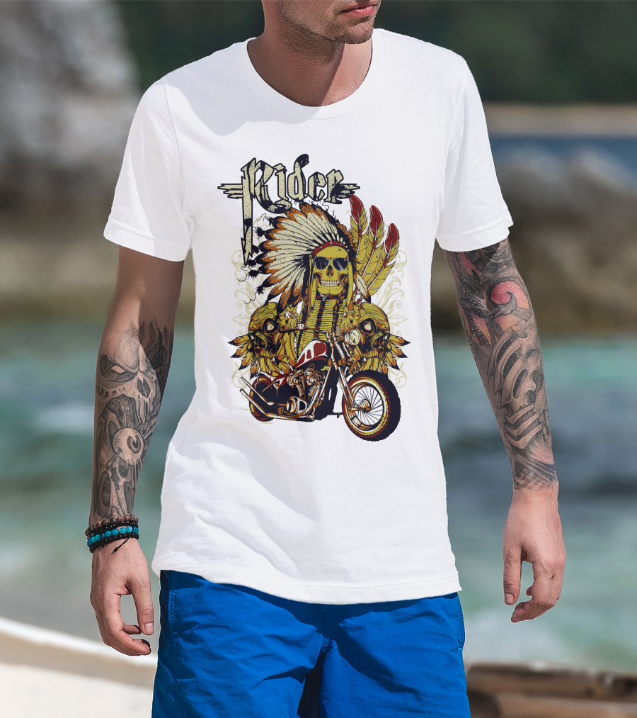 Rider Skull Motorcycle Eagle Feathers Tribal Helmet T-Shirt