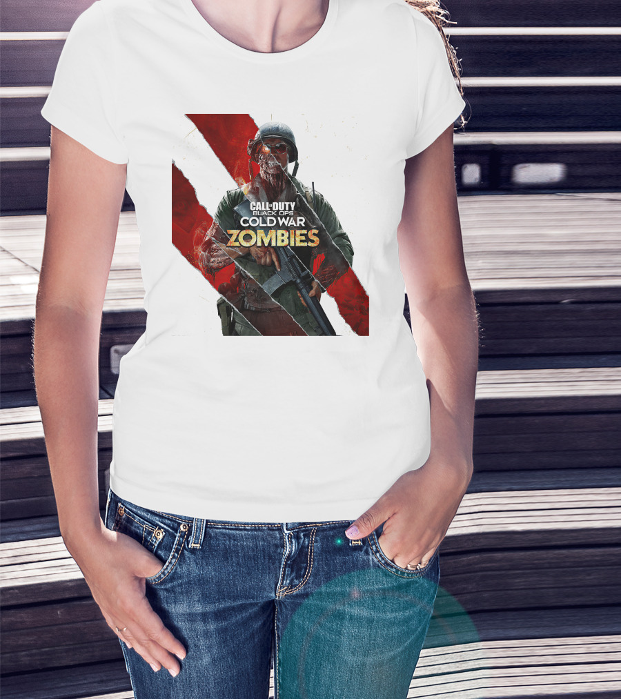 Call Of Duty Black Ops Cold War Zombies Soldier With Gun And Red Torn Stripes T-Shirt