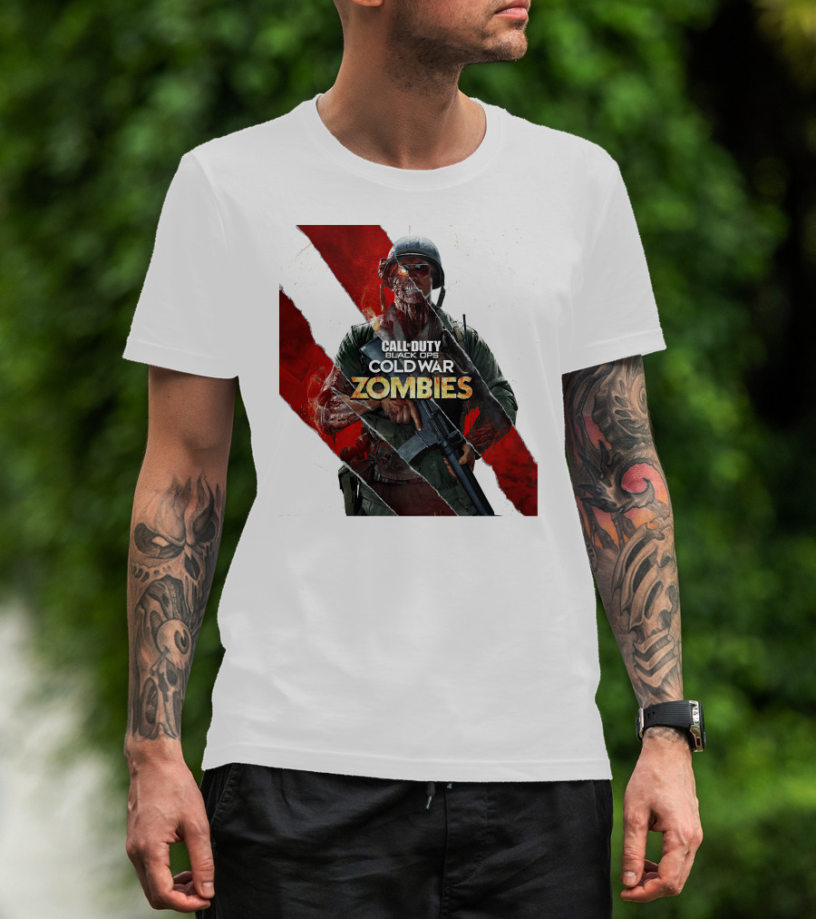 Call Of Duty Black Ops Cold War Zombies Soldier With Gun And Red Torn Stripes T-Shirt