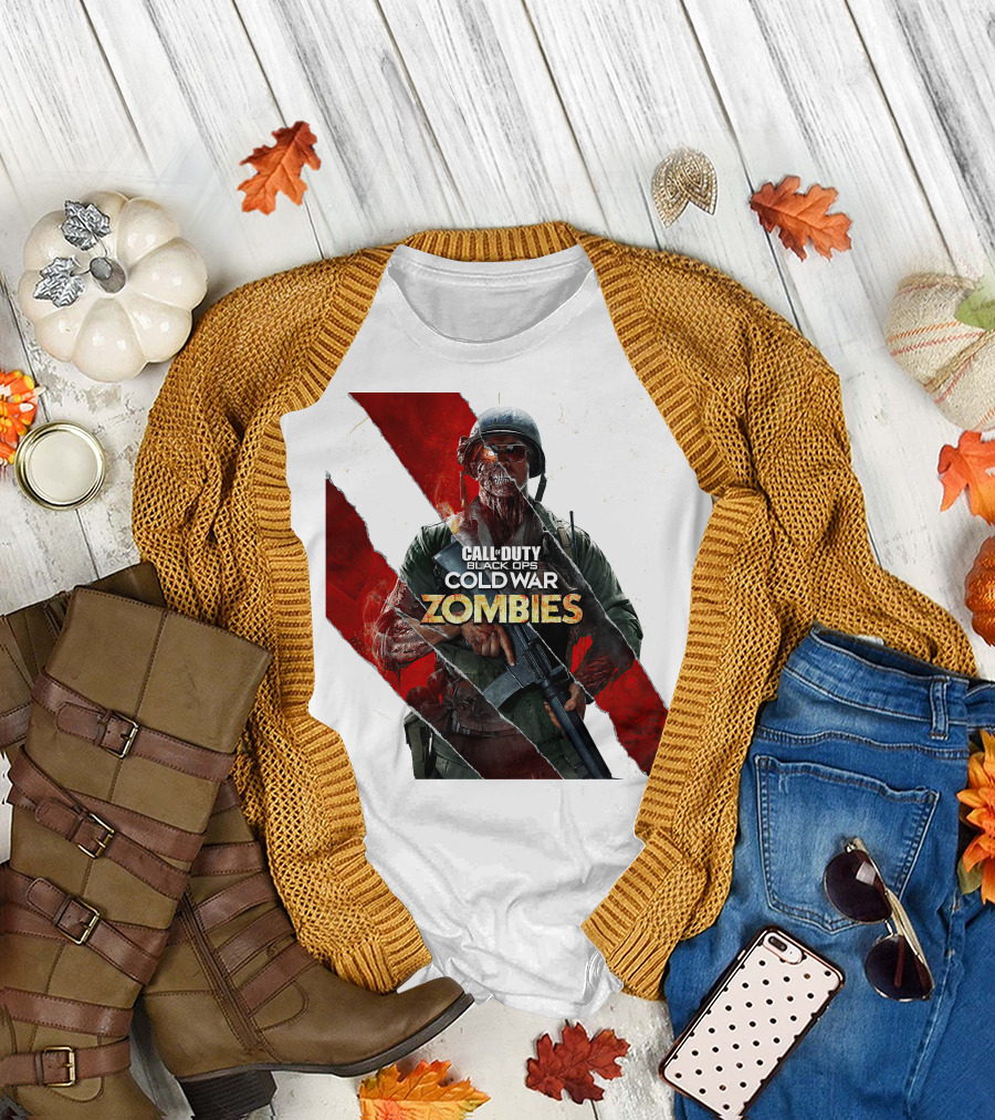 Call of Duty Black Ops Cold War Zombies Soldier with Gun and Red Torn Stripes T-Shirt