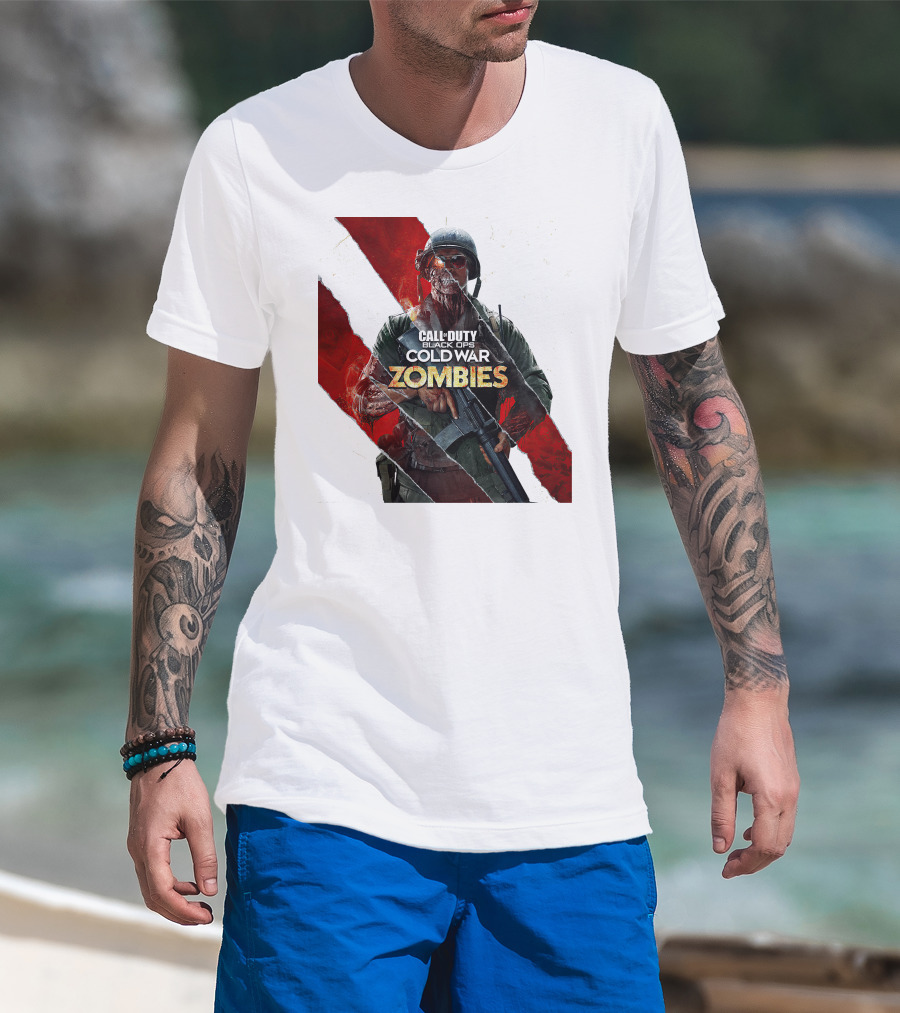 Call Of Duty Black Ops Cold War Zombies Soldier With Gun And Red Torn Stripes T-Shirt