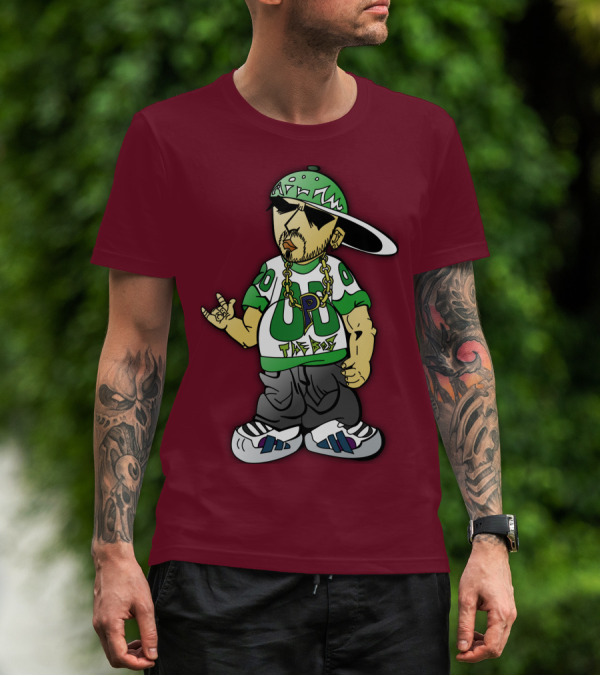 HipHop Cartoon Character With UP The Posse On Green Snapback And Chain T-Shirt