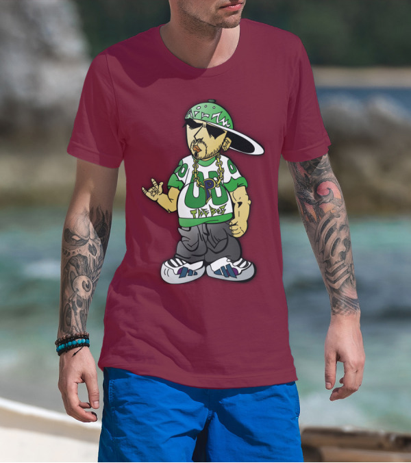 HipHop Cartoon Character With UP The Posse On Green Snapback And Chain T-Shirt
