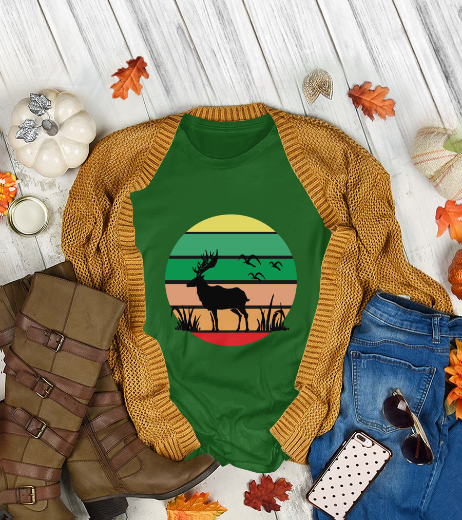Lonely Reindeer Under the Sunset with Striped Background and Birds T-Shirt