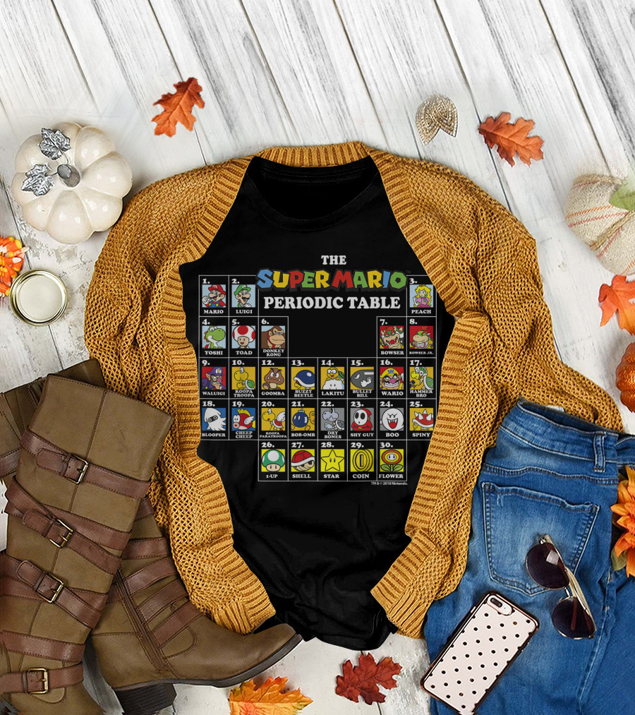 Super Mario Periodic Table Featuring Luigi Peach Yoshi Bowser Toad Donkey Kong and More Iconic Characters T-Shirt