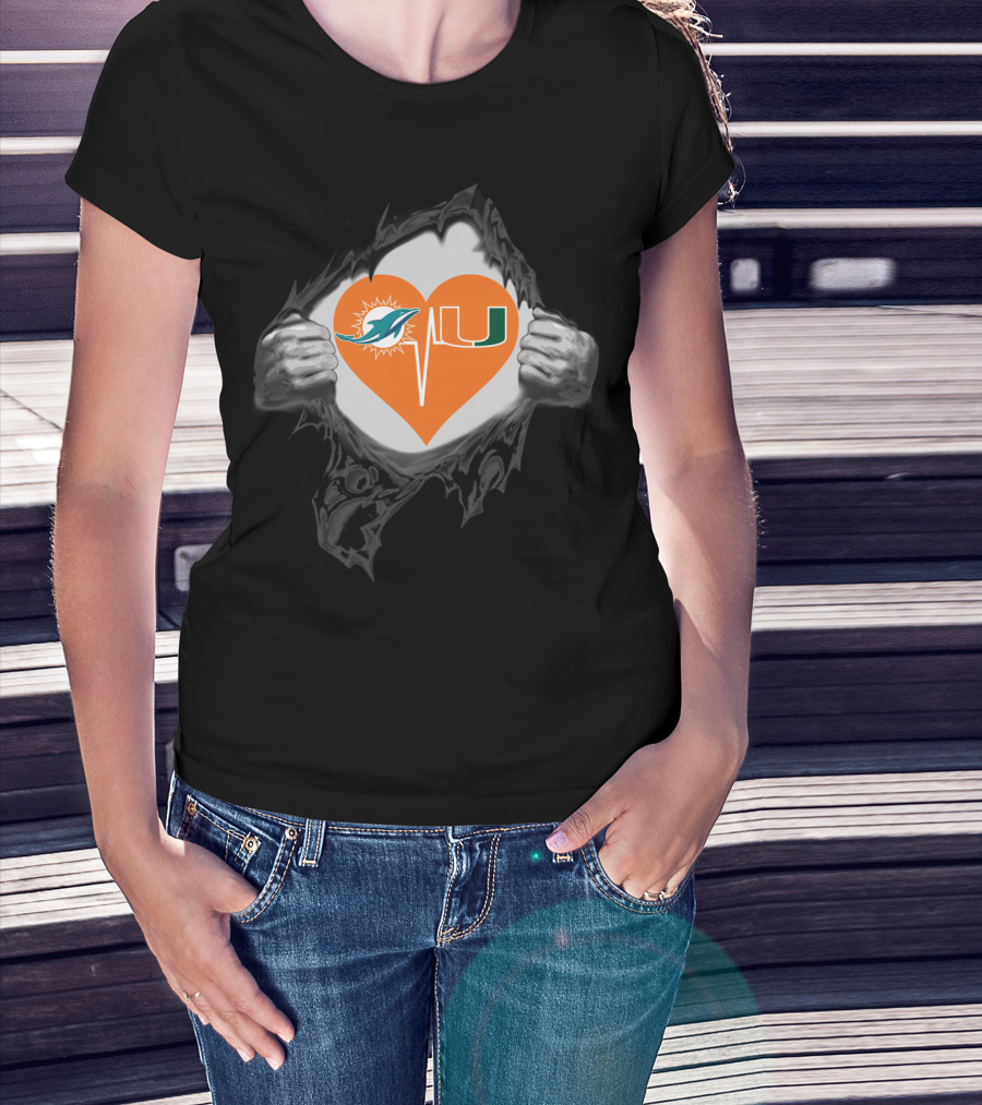 Miami Dolphins And Hurricanes Heartbeat Fan Logo Fusion T-Shirt