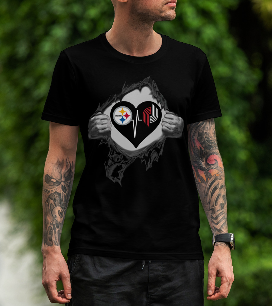 Steelers And Portland Trail Blazers Heartbeat T-Shirt