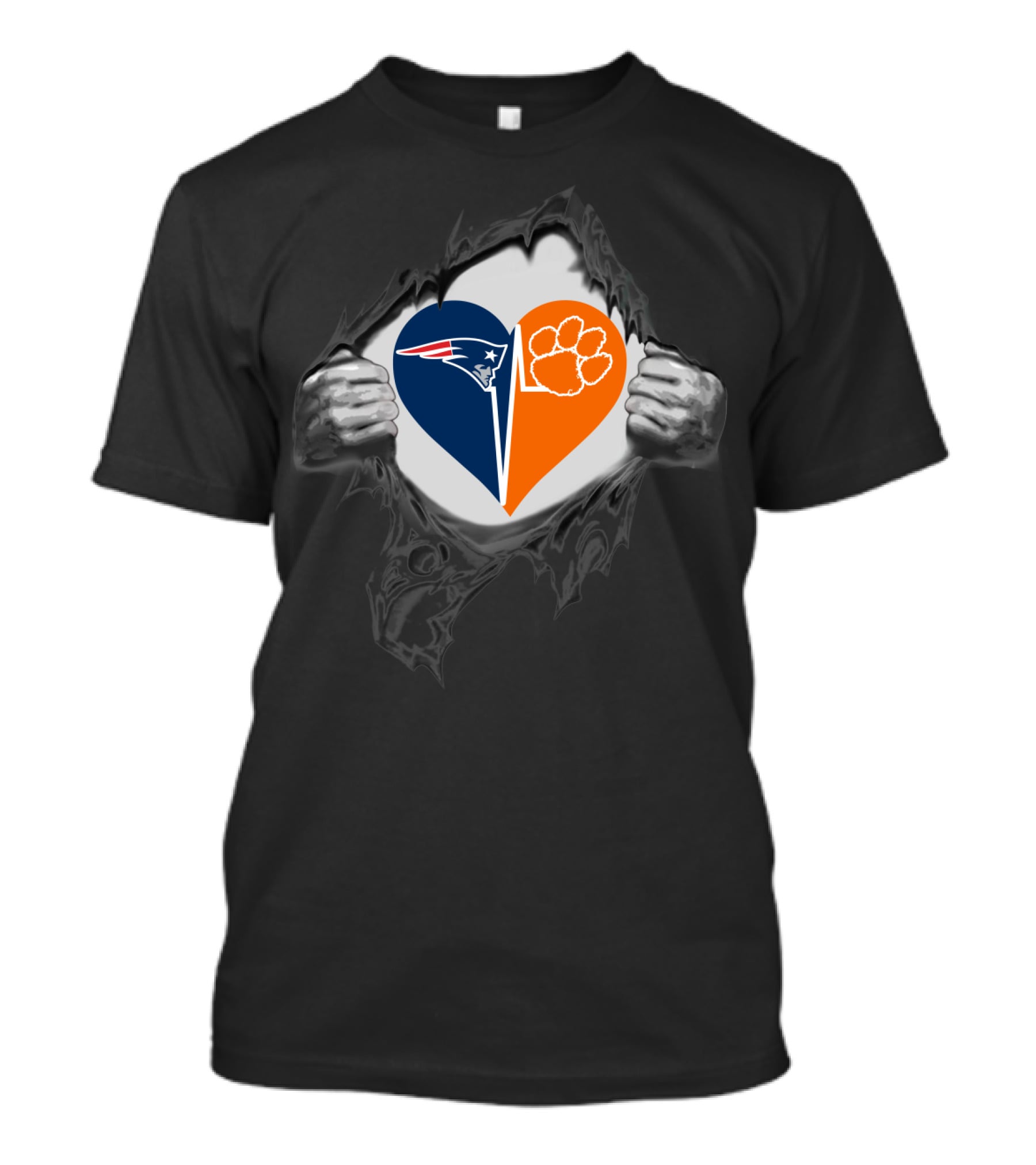 New England Patriots Heart And Clemson Tigers Paw Inside Ripped T-Shirt