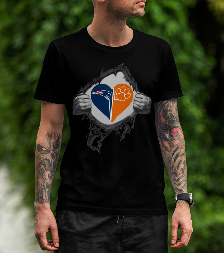 New England Patriots Heart And Clemson Tigers Paw Inside Ripped T-Shirt
