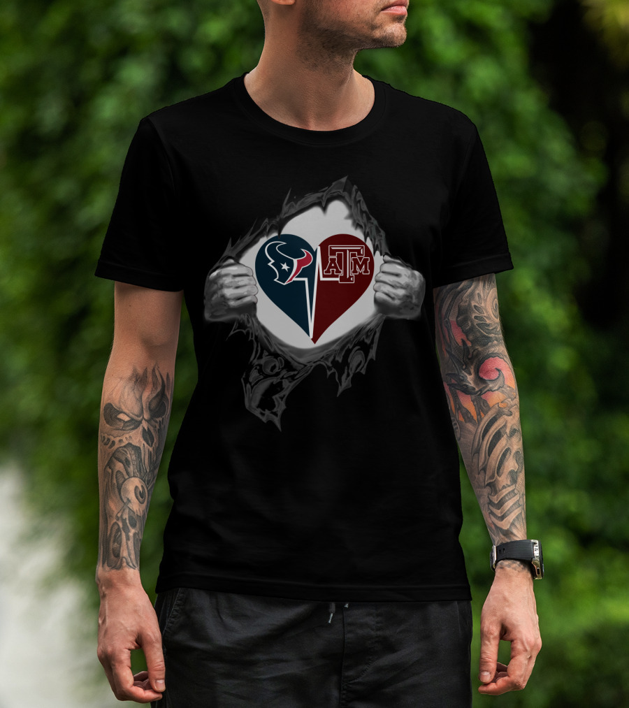 Houston Texans And Texas A&M Aggies Heart Torn Chest T-Shirt