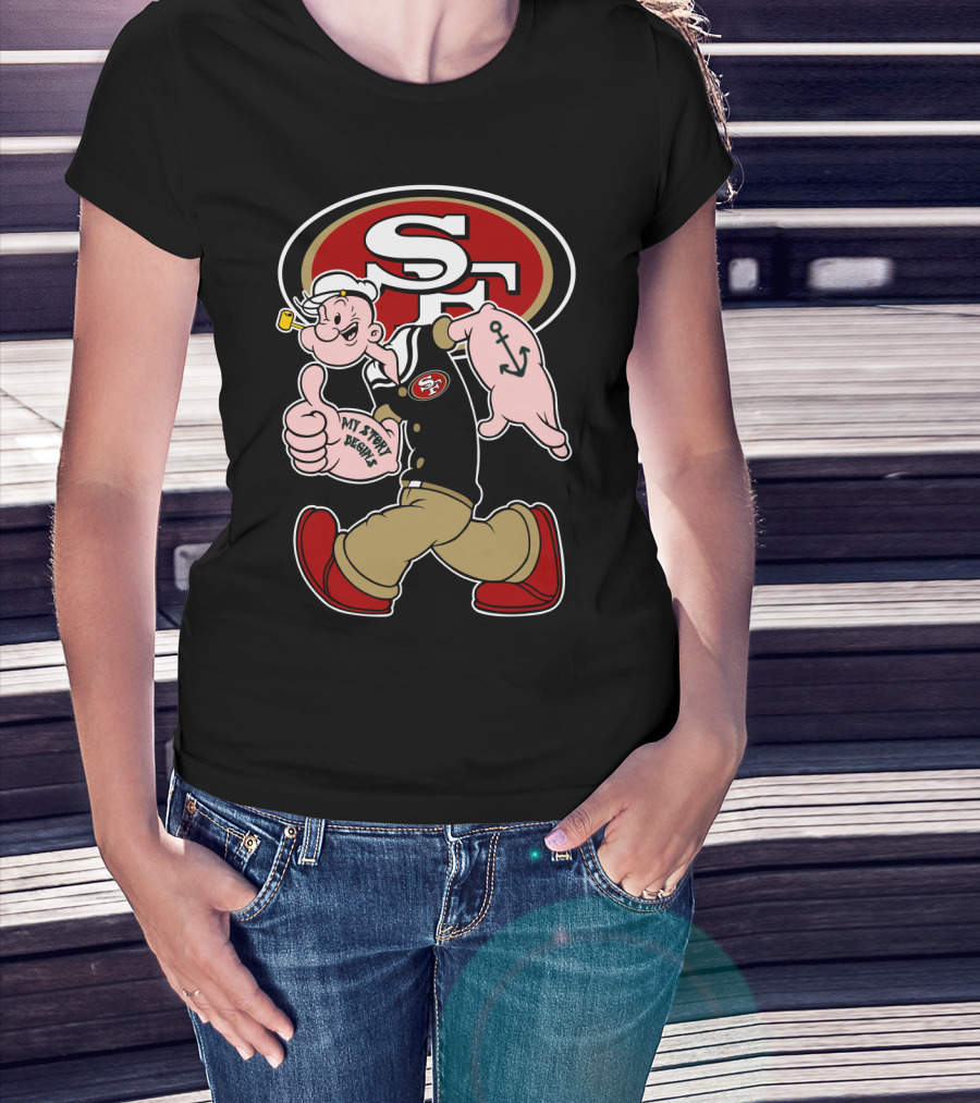 San Francisco 49ers Sf Logo With Walking Sailor Character And Anchor Tattoo T-Shirt