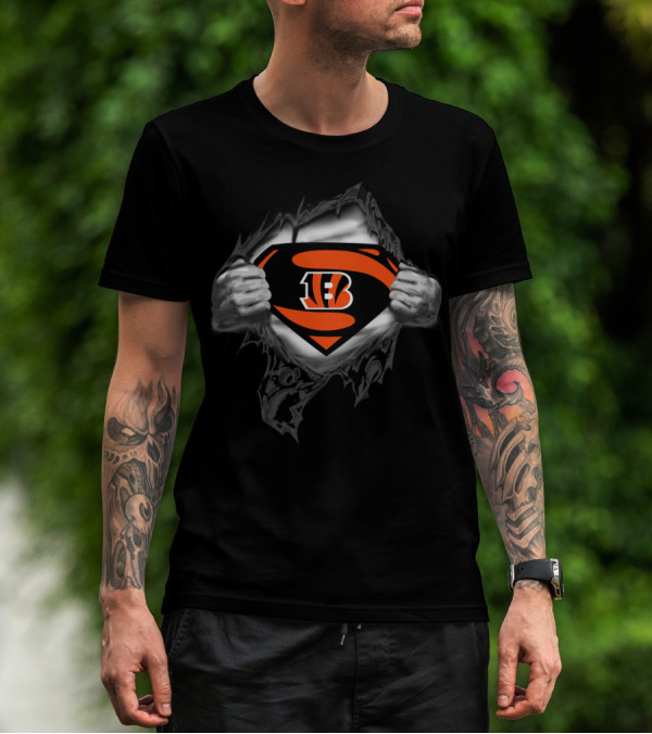 Superman Bengals Logo Hidden Beneath Ripped T-Shirt
