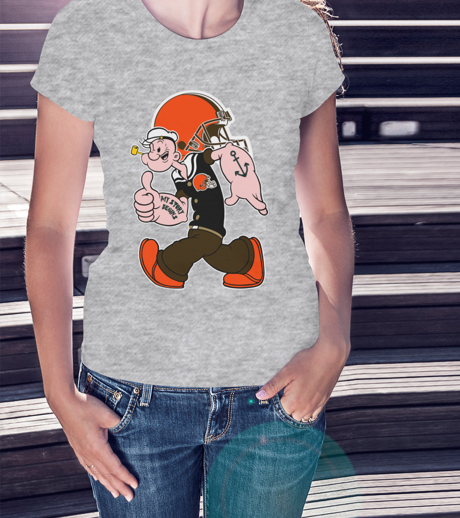 Browns Popeye My Strength Begins Football Helmet Anchor Tattoo T-Shirt