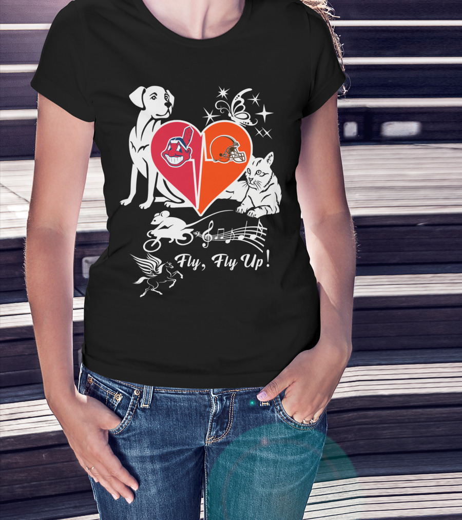 Fly Fly Up Browns Indians Dog Cat Heart Butterfly Music Notes T-Shirt