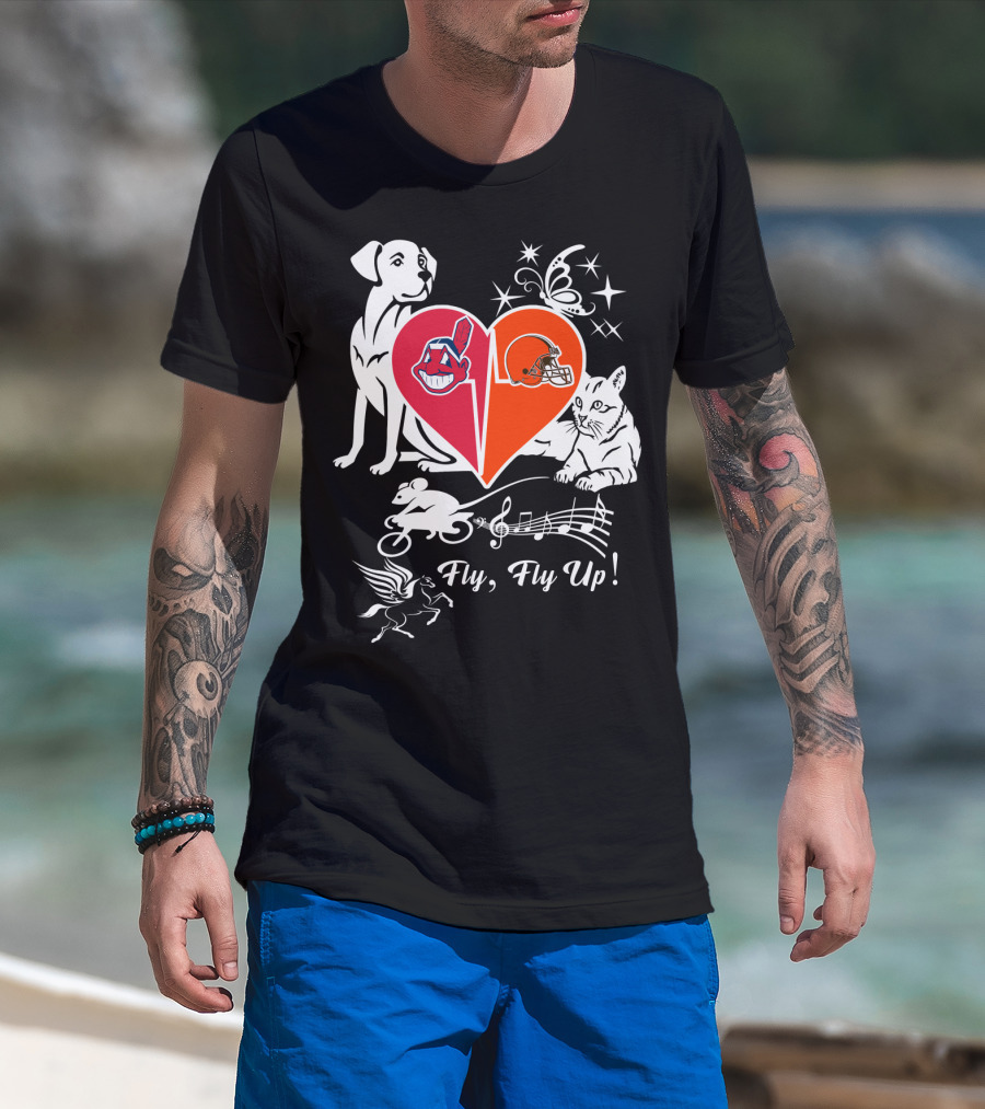 Fly Fly Up Browns Indians Dog Cat Heart Butterfly Music Notes T-Shirt