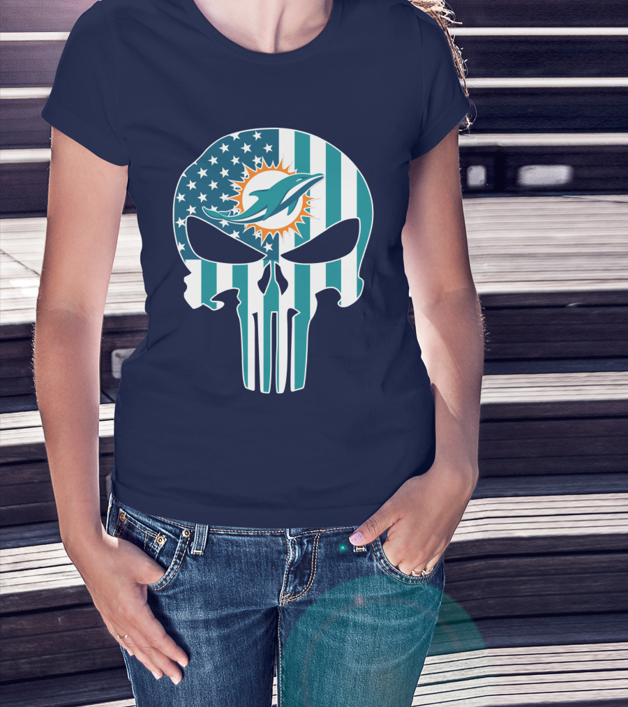 Miami Dolphins Punisher Skull American Flag T-Shirt