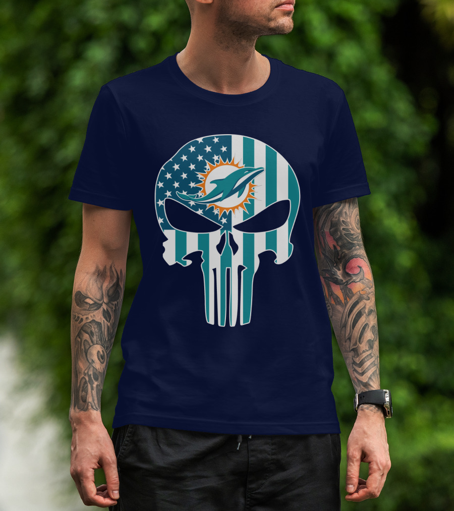 Miami Dolphins Punisher Skull American Flag T-Shirt