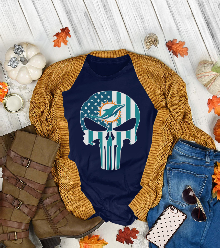 Miami Dolphins Punisher Skull American Flag T-Shirt