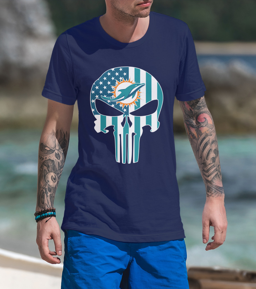 Miami Dolphins Punisher Skull American Flag T-Shirt