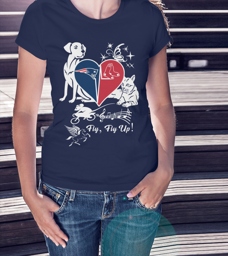New England Patriots Red Sox Heart With Animals And Fly Fly Up T-Shirt