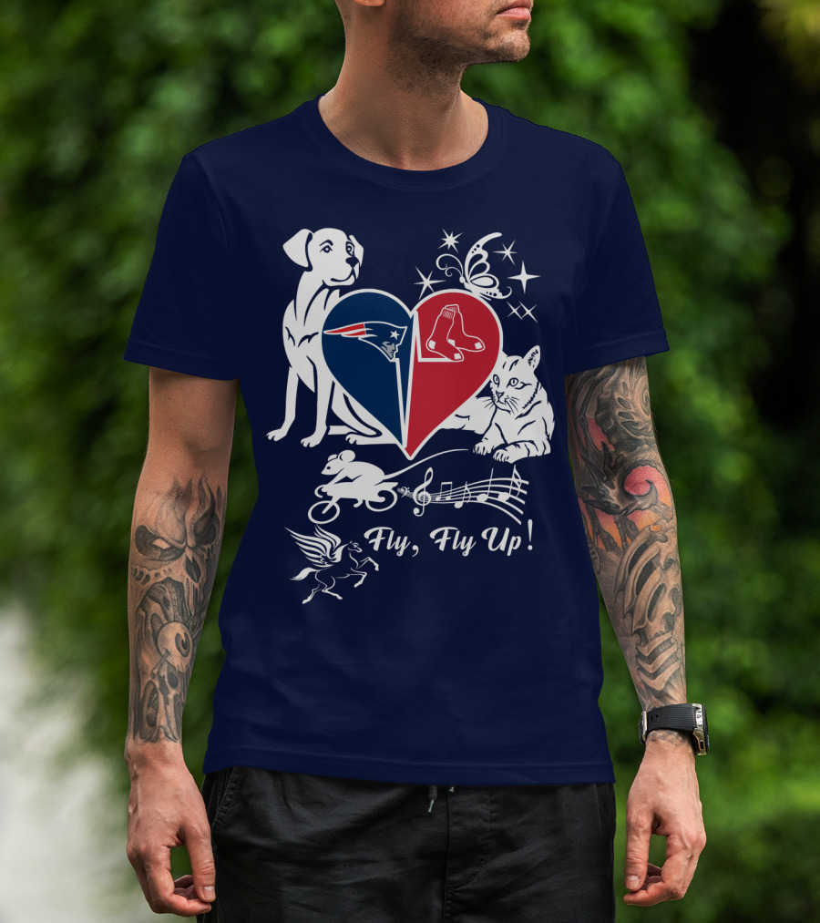 New England Patriots Red Sox Heart With Animals And Fly Fly Up T-Shirt
