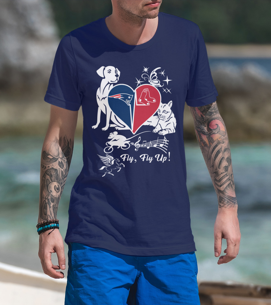 New England Patriots Red Sox Heart With Animals And Fly Fly Up T-Shirt
