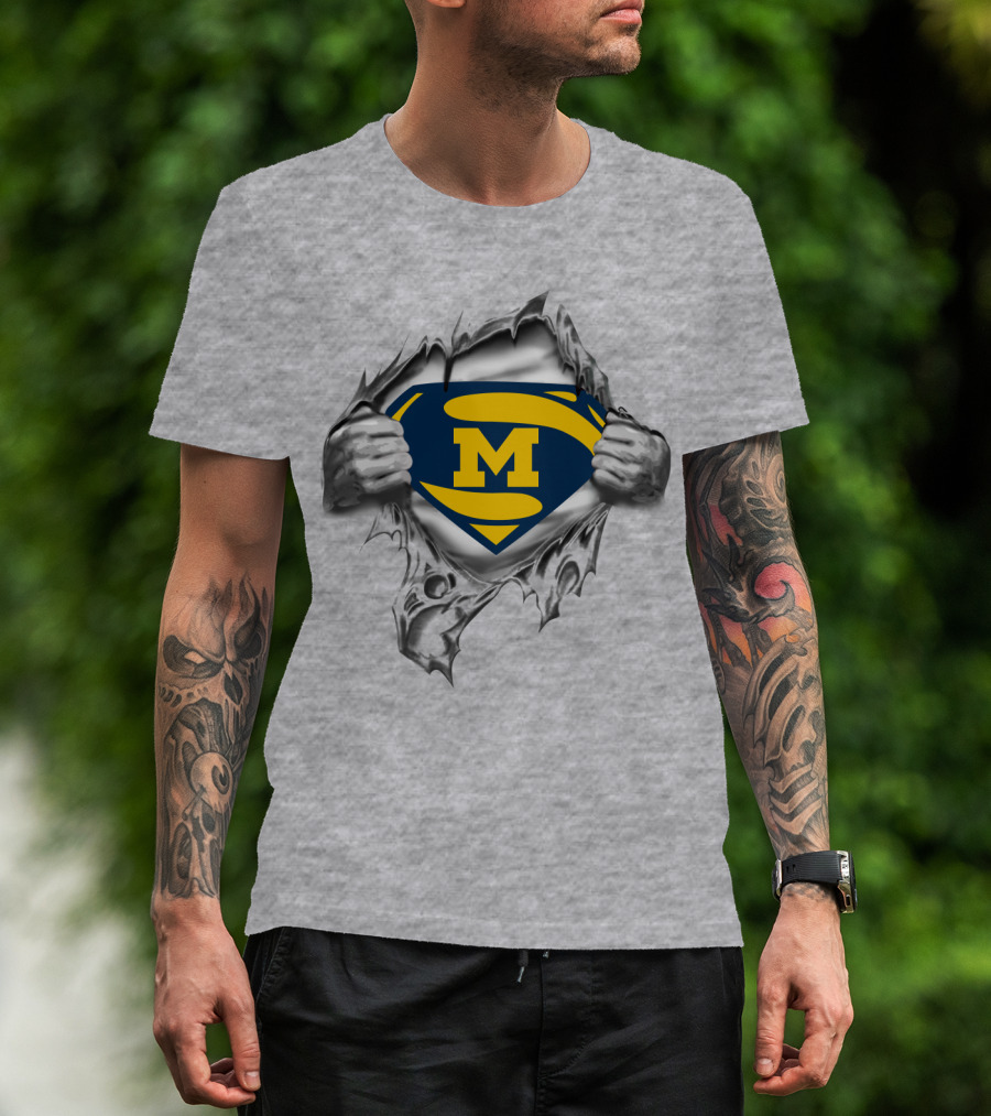 Michigan Wolverines Superhero Logo Ripped Effect T-Shirt