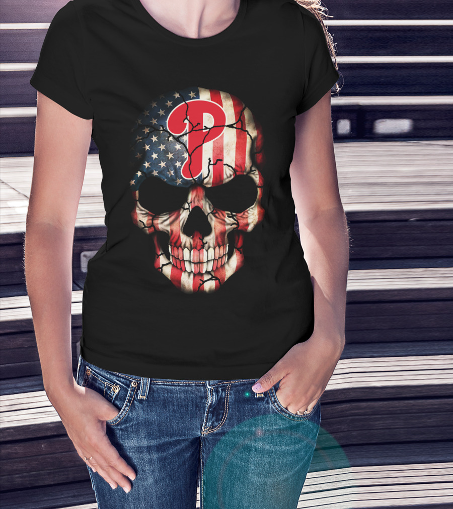 Phillies Skull American Flag Cracked T-Shirt