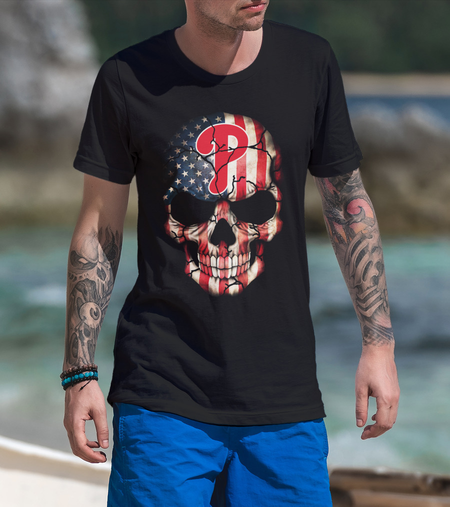 Phillies Skull American Flag Cracked T-Shirt