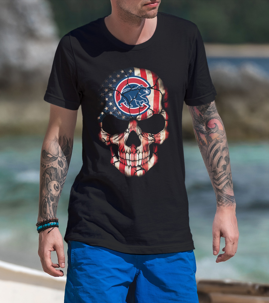 Chicago Cubs American Flag Skull T-Shirt