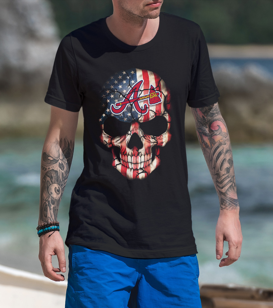 Skull With Braves Logo And American Flag T-Shirt
