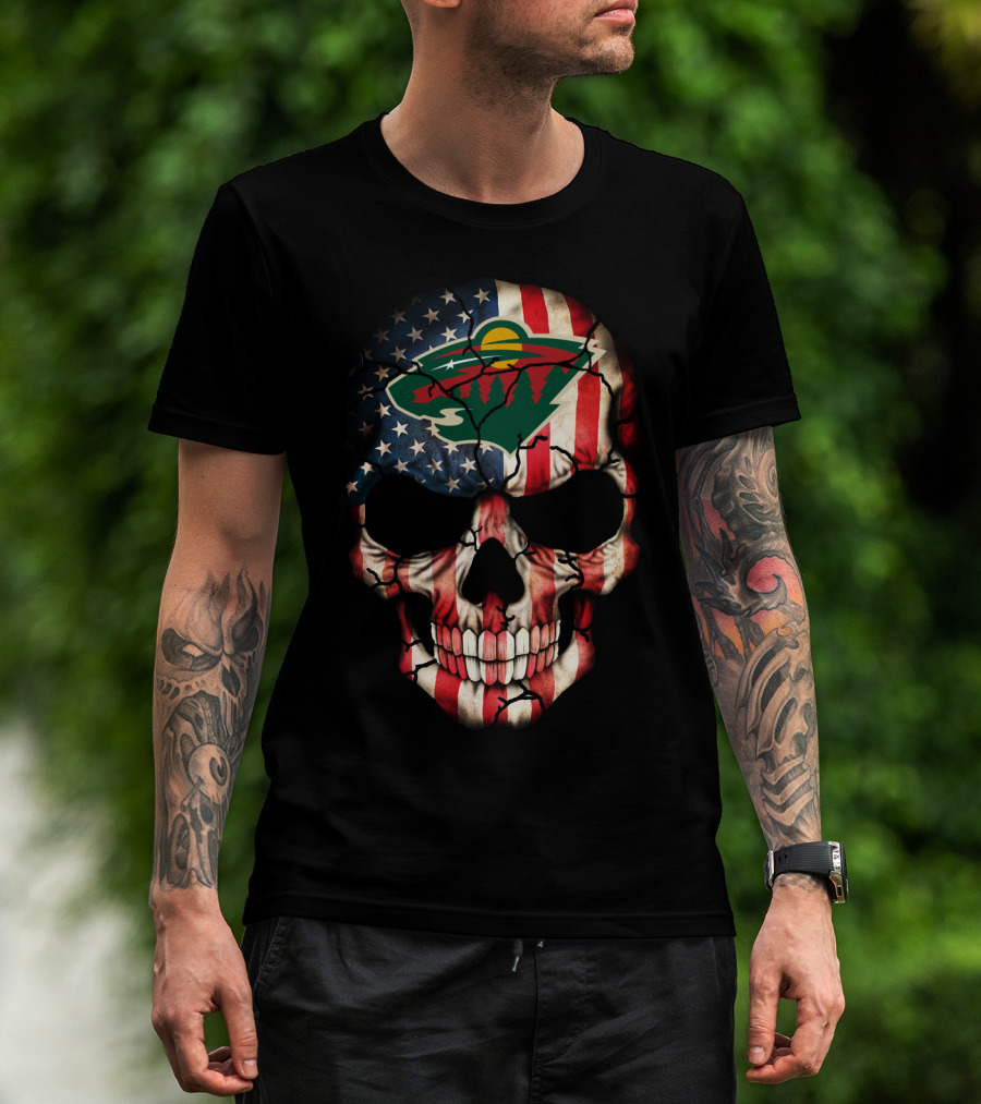Minnesota Wild American Flag Skull T-Shirt