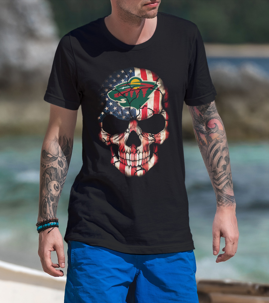 Minnesota Wild American Flag Skull T-Shirt