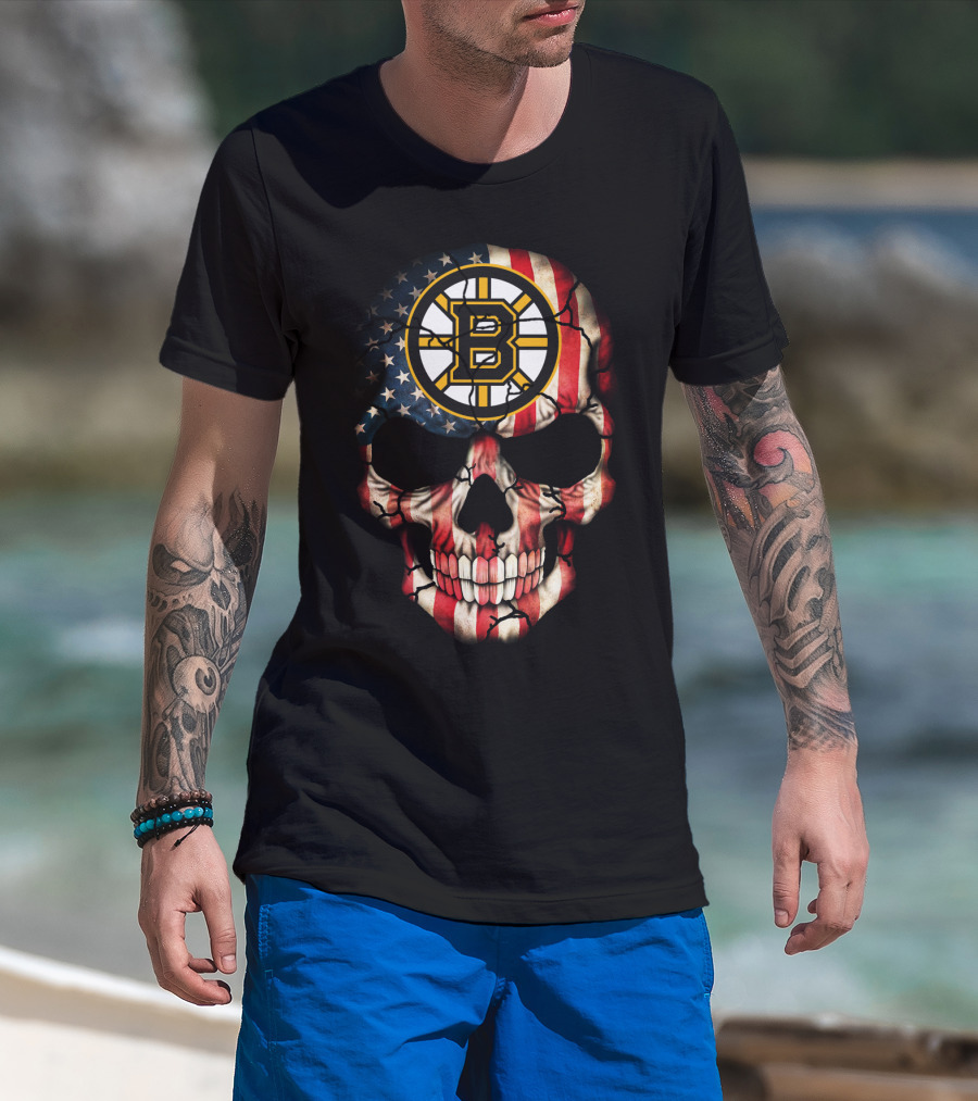 Boston Bruins American Flag Skull T-Shirt