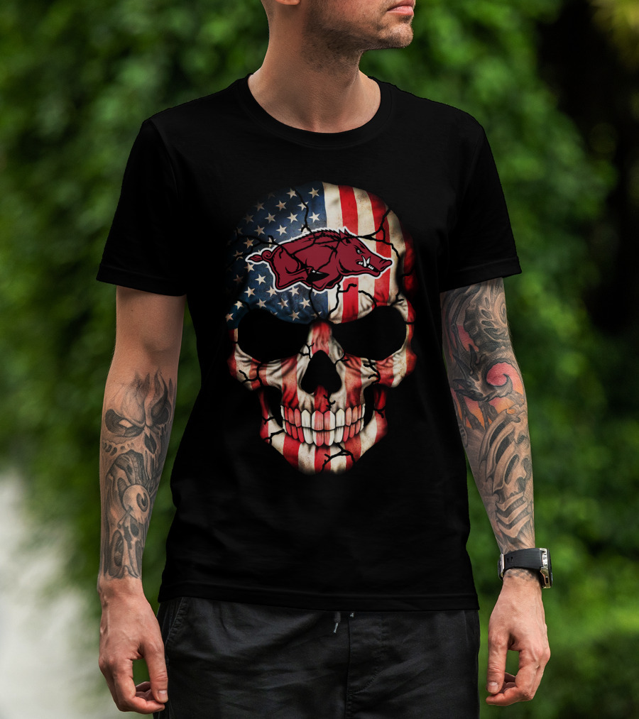 Arkansas Razorbacks American Flag Skull T-Shirt
