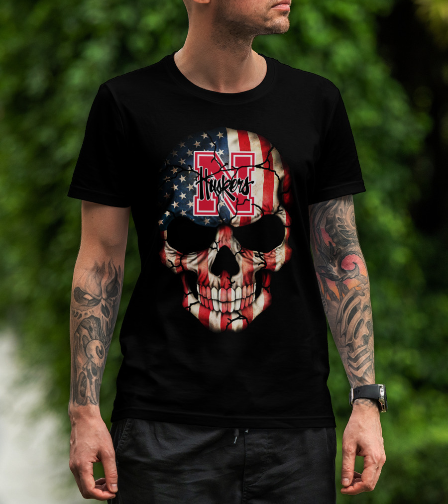 Huskers American Flag Skull Nebraska Cornhuskers N T-Shirt