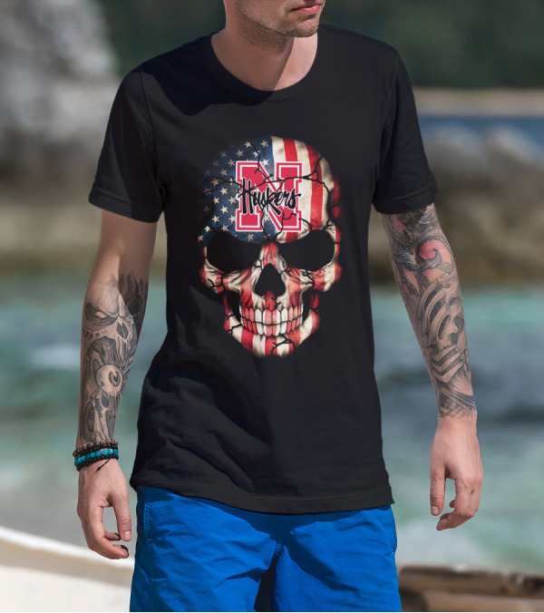Huskers American Flag Skull Nebraska Cornhuskers N T-Shirt
