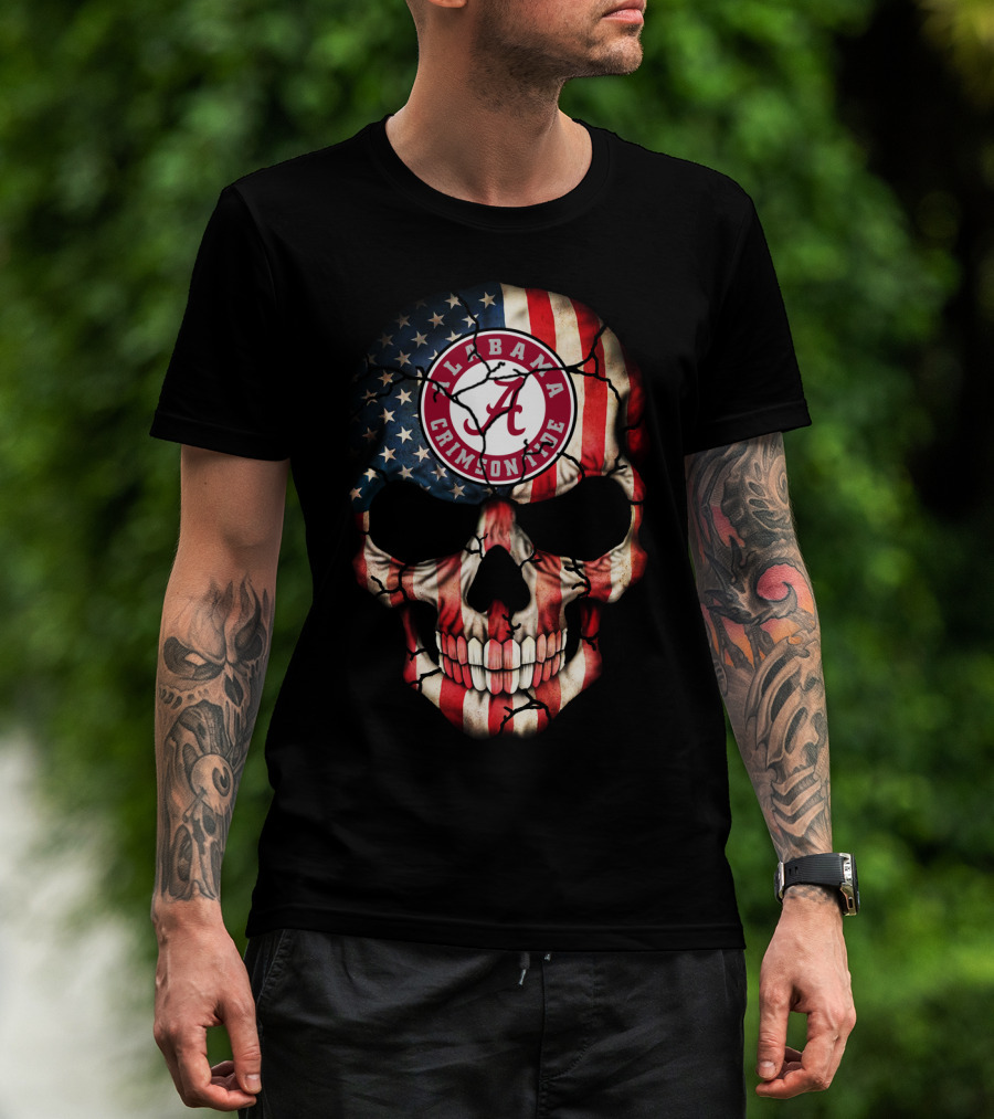 Alabama Crimson Tide Skull American Flag Style T-Shirt